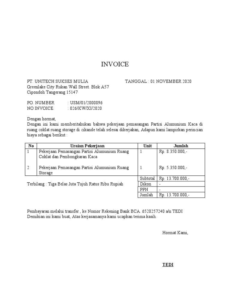 Invoice Pemasangan Partisi Alumunium | PDF