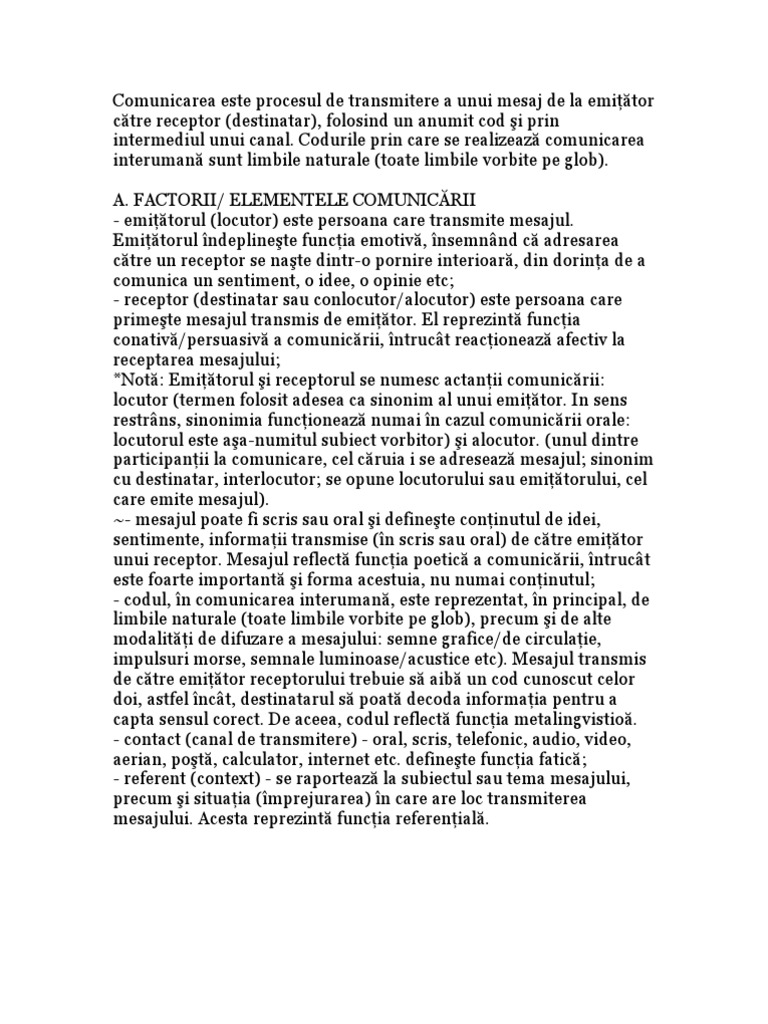 Comunicarea Este Procesul de Transmitere A Unui Mesaj de La Emiţător ...