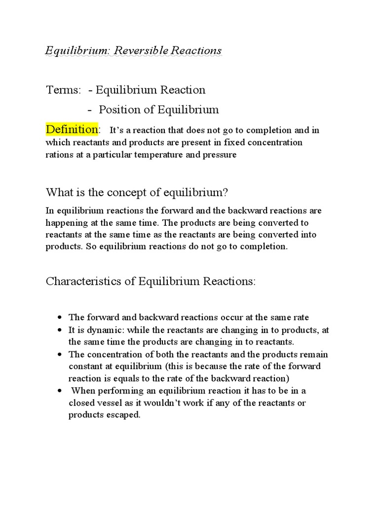 Terms: - Equilibrium Reaction - Position of Equilibrium Definition | PDF