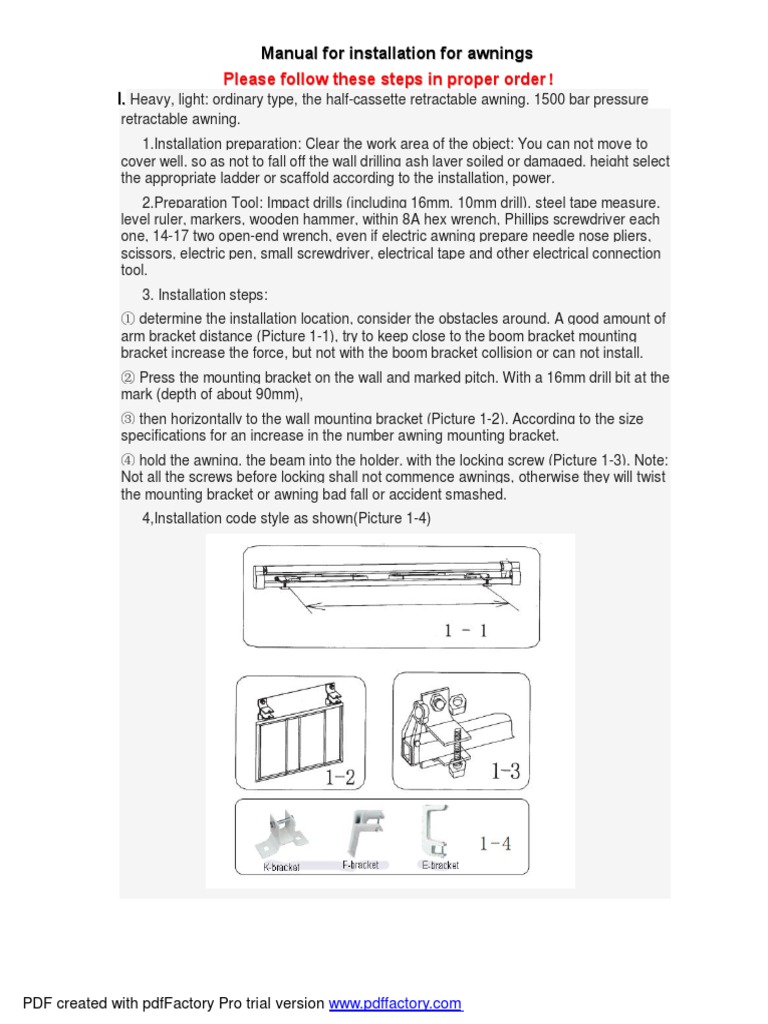Manual For Installation of Awnings PDF Drill Tools
