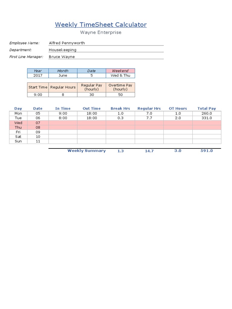 Weekly Timesheet Calculator Template | PDF | Batman | Working Time