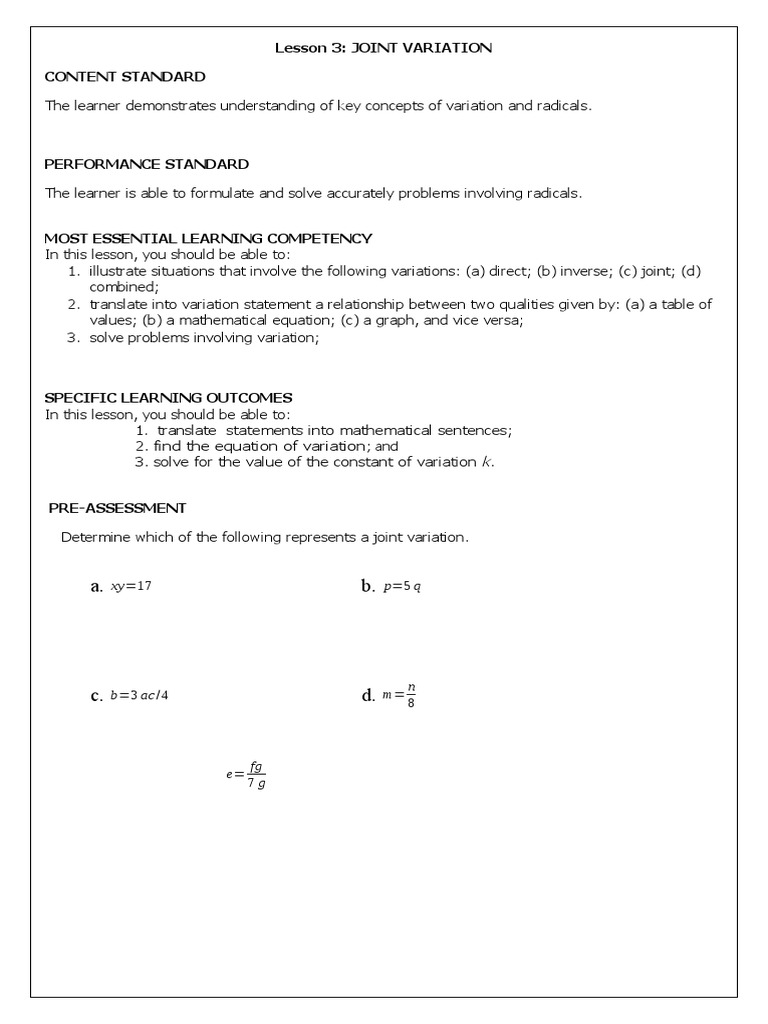 Lesson 3 Joint Variation Content Standard Xy 17 P 5 Q PDF Area