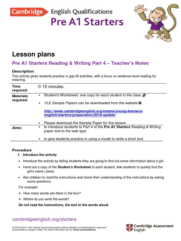 Pre A1 Starters 2018 Reading and Writing Part 4 PDF | PDF