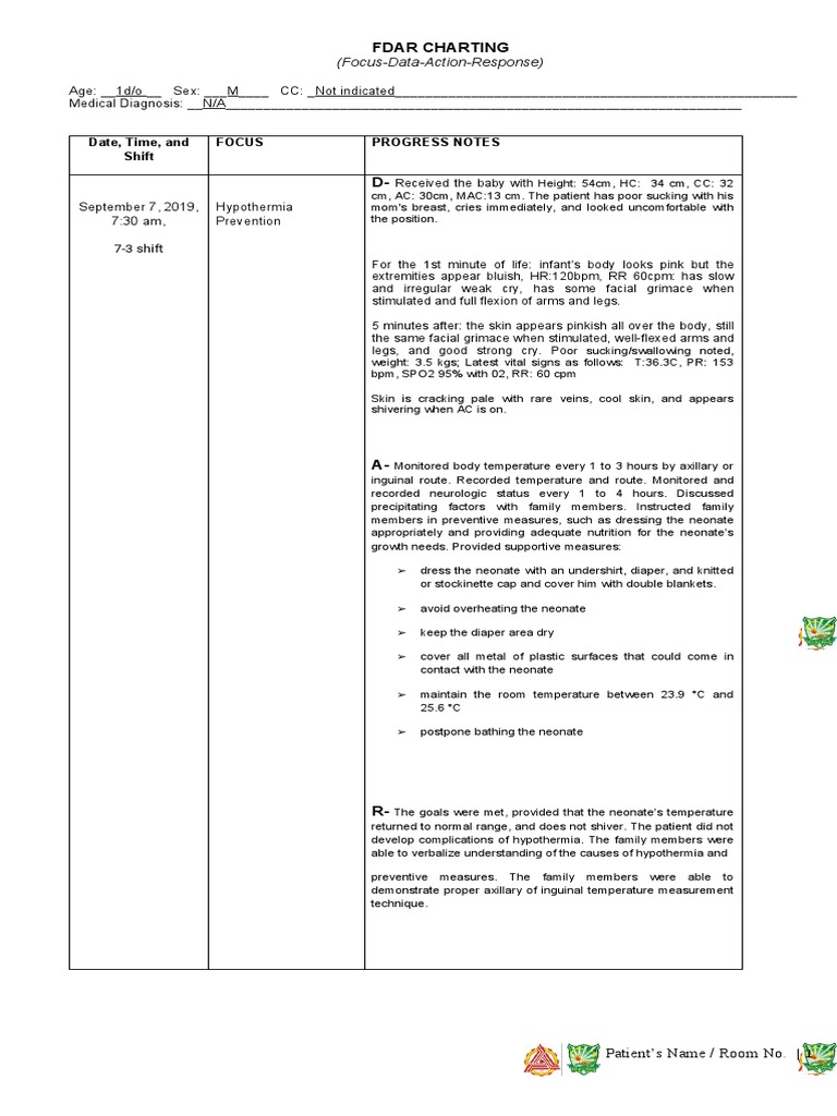 FDAR Charting NICU PDF Infants Hypothermia