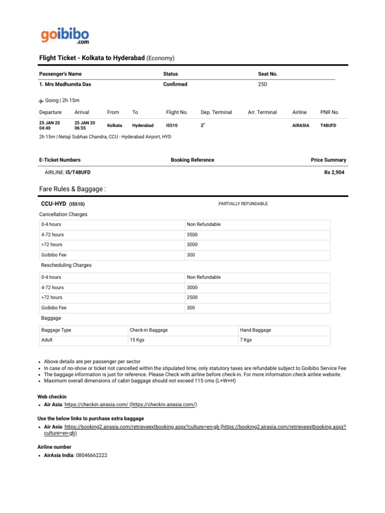 Flight Ticket Kolkata To Hyderabad Fare Rules & Baggage PDF
