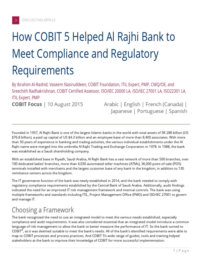 Cobit Focus How Cobit 5 Helped Al Rajhi Bank To Meet Compliance Nlt Eng 0815 Pdf Governance Regulatory Compliance