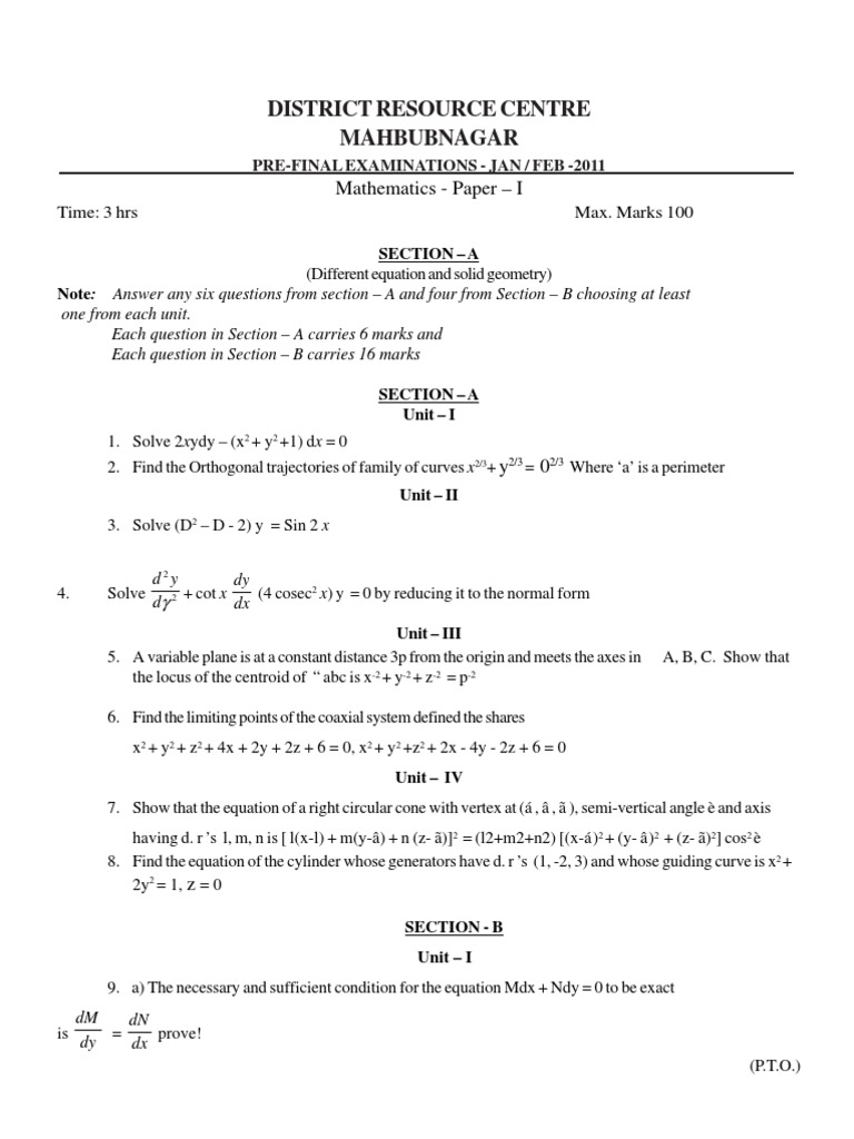 Pre-Final Mathematics Exam Paper | PDF | Elementary Geometry | Equations