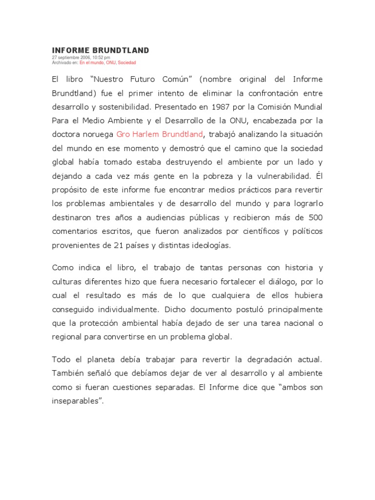 Informe Brundtland | PDF | Desarrollo sostenible | Sustentabilidad