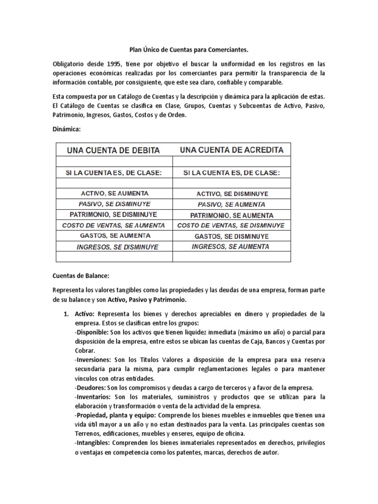 Plan Único de Cuentas para Comerciantes | PDF | Beneficio (economía ...