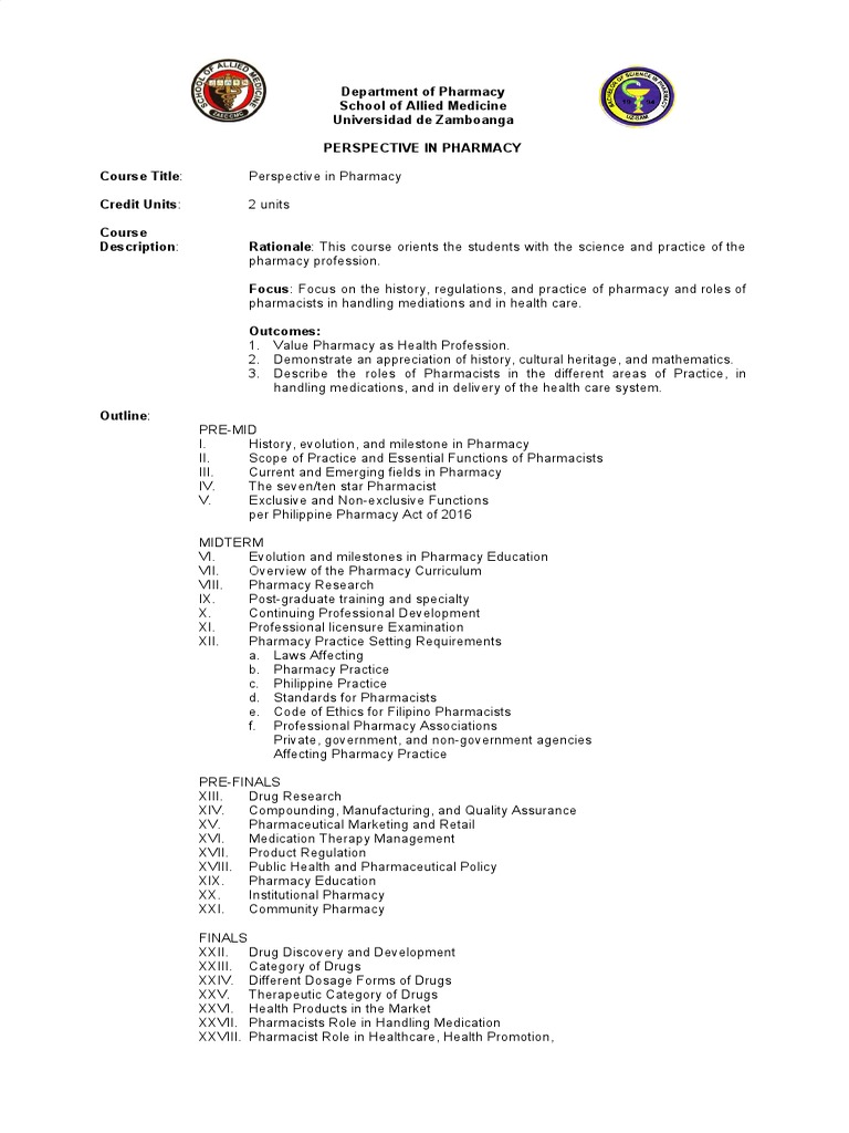 Pharmacy Perspective Course Outline | PDF | Pharmacy | Therapy