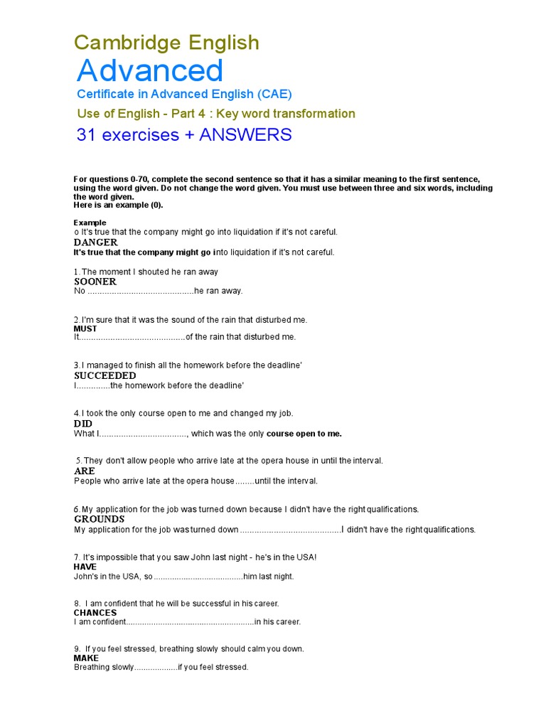 31 C1 Advanced KEY WORD TRANSFORMATIONS (Use of English Part 4) | PDF