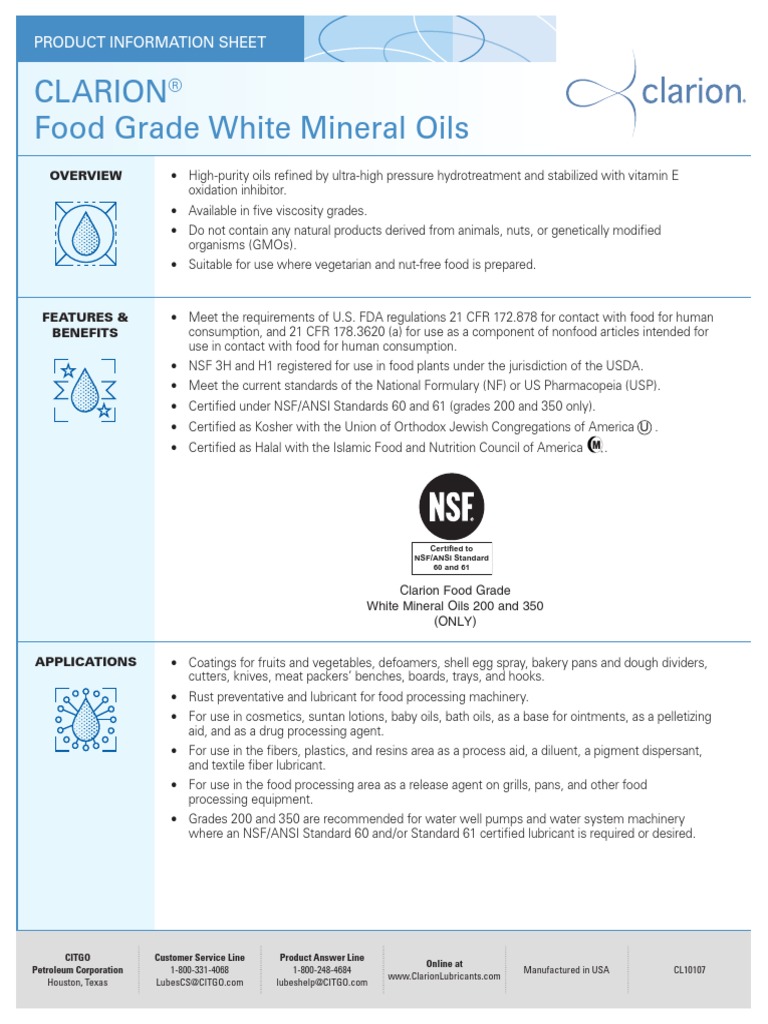Clarion Food Grade White Mineral Oils Product Information Sheet PDF