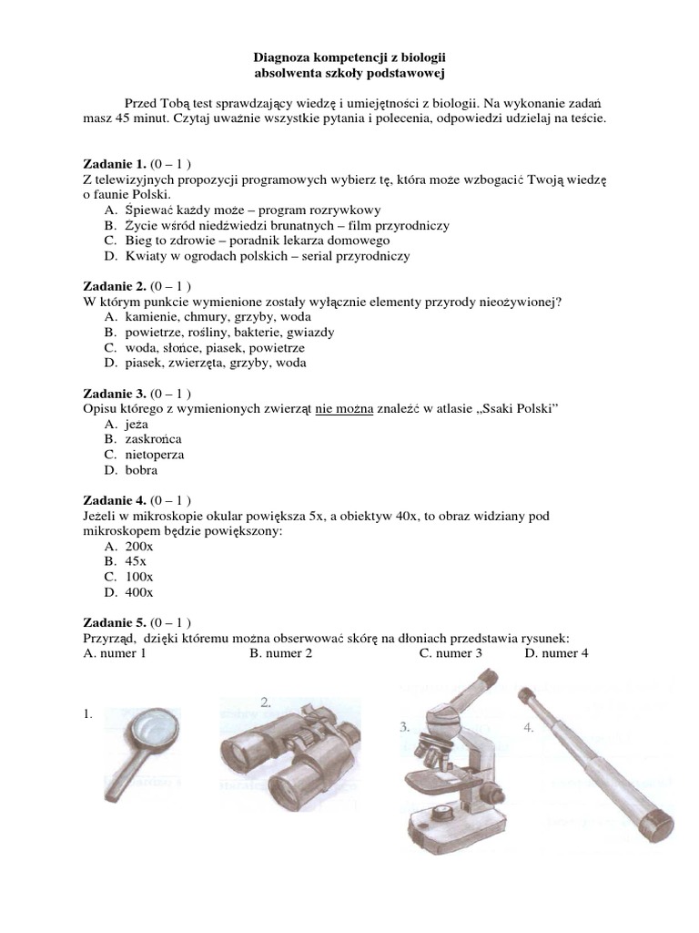 Biologia Klasa 5 Testy Do Wydruku