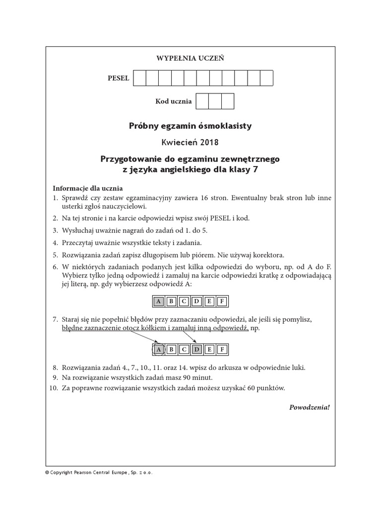 Próbny Egzamin ósmoklasisty 2018 Angielski