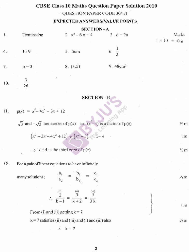 CBSE Class 10 Maths Paper Solutions | PDF