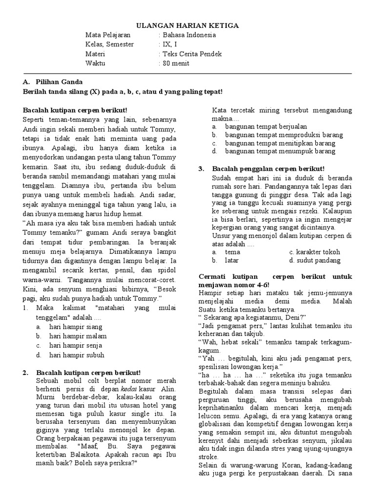 Ulangan Harian Ketiga Kelas Ix Semester 1 Pdf