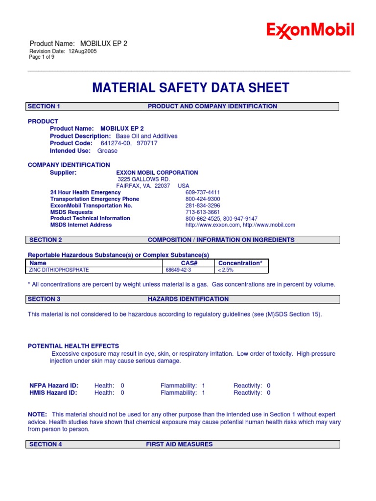 Material Safety Data Sheet Product Name MOBILUX EP 2 PDF Firefighting Toxicity