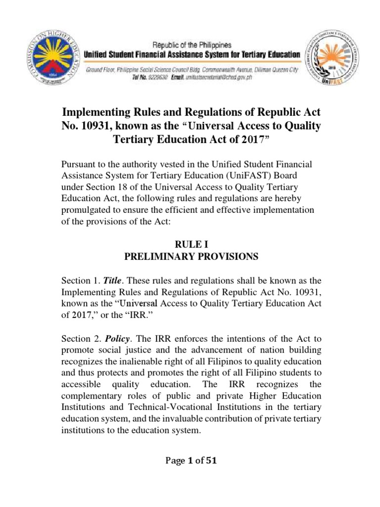 Implementing Rules and Regulations of Republic Act No. 10931 | PDF ...