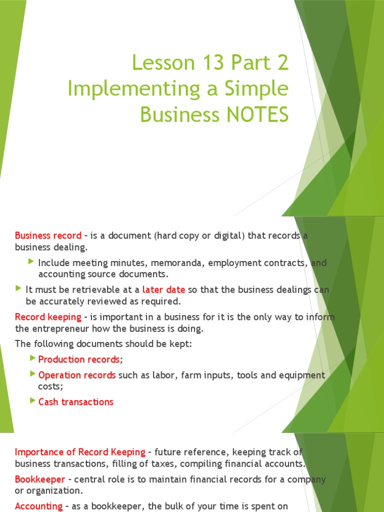 Lesson 13 Part 2 Implementing A Simple Business NOTES PDF