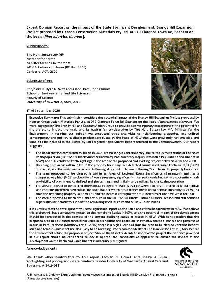 Report V2. Witt and Clulow (2020) Koala Report Brandy Hill Quarry