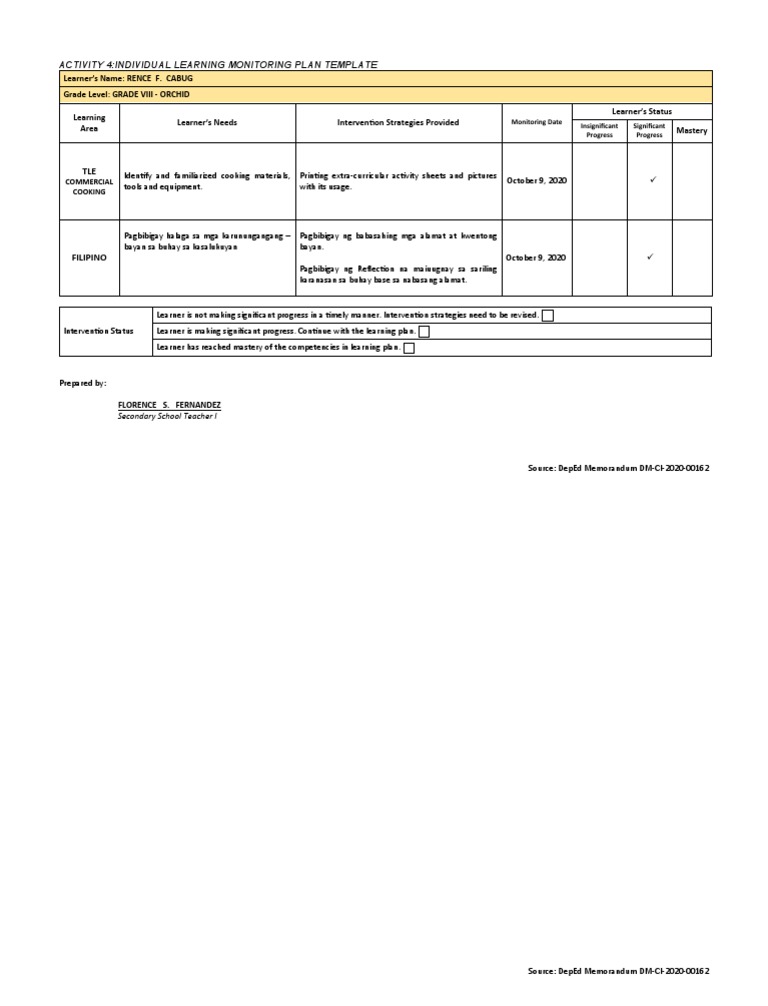 ILMP Template for Grade VIII Learner | PDF