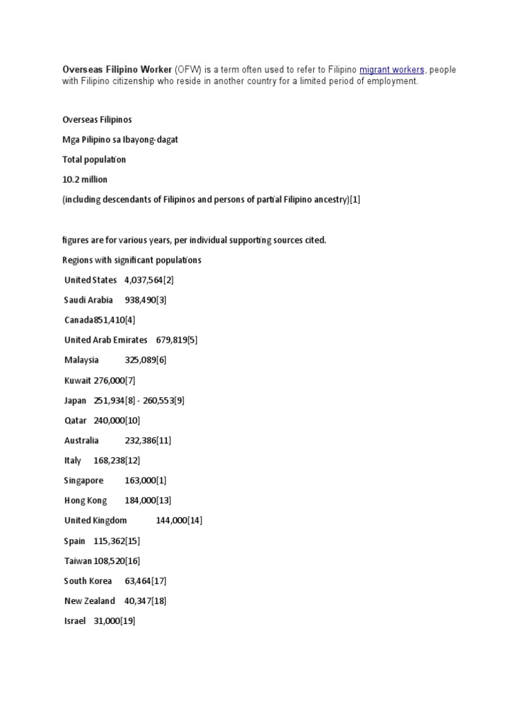 Overview of Overseas Filipino Workers | PDF | Migrant Worker | Philippines
