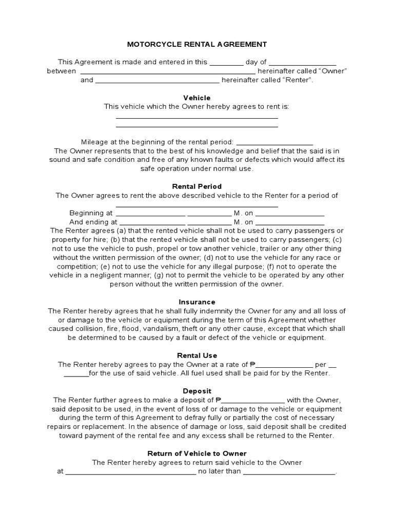 Motorcycle Rental Agreement Template | PDF | Renting | Vehicles