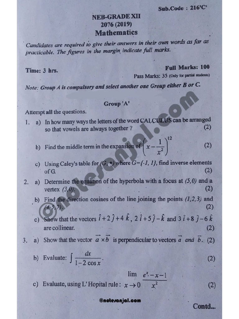 Neb Class 12 Mathematic 216c Question Paper 76 19 Pdf