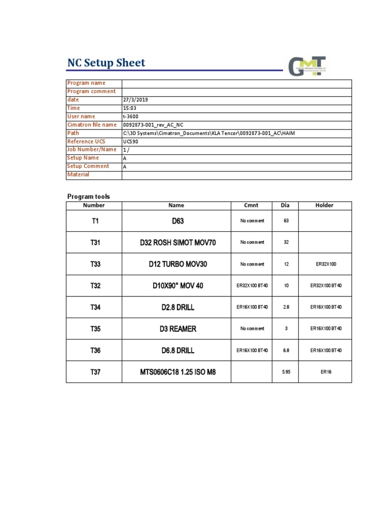 NC Setup Sheet for Cimatron Program | PDF