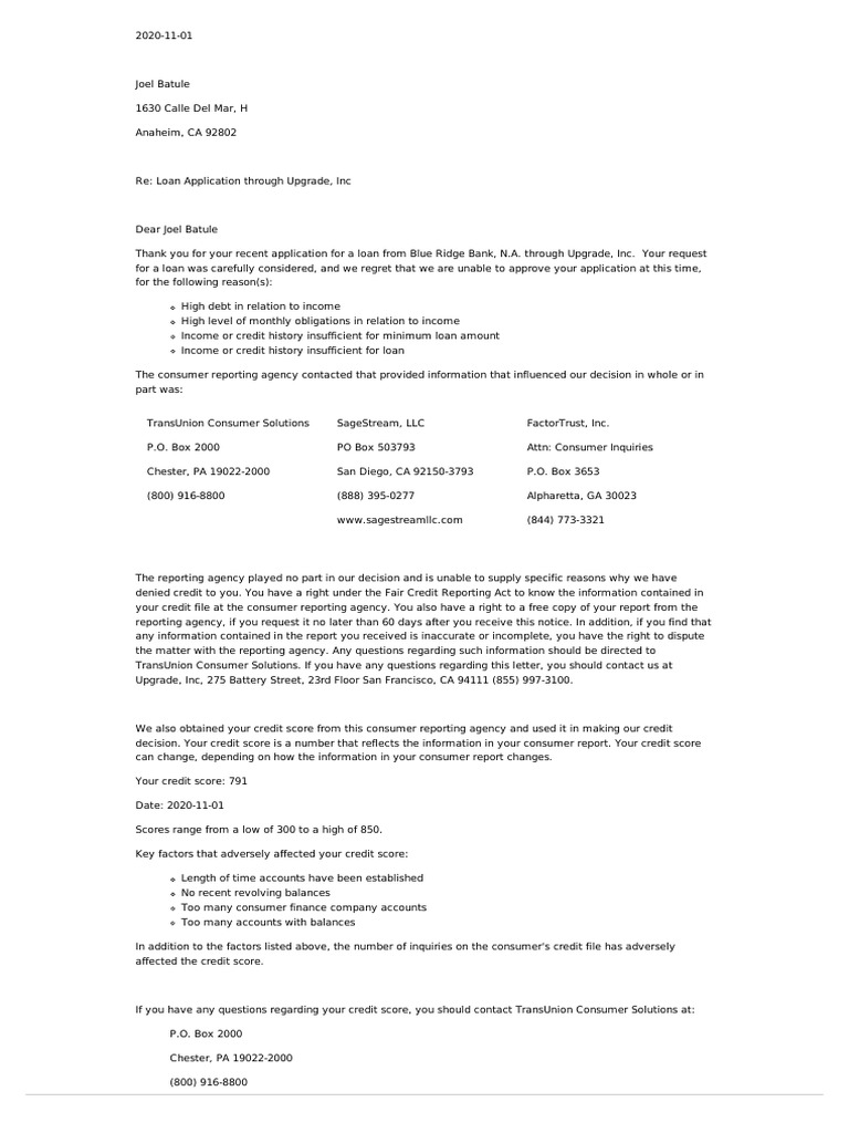 Adverse Action Notice PDF Credit Score Credit History