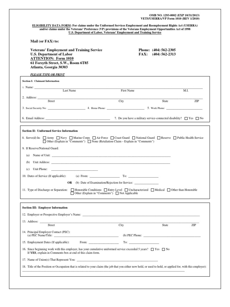 VETS Form 1010: Eligibility Data Guide | PDF | Military Discharge ...
