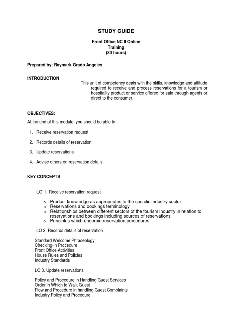 Study Guide: Front Office NC II Online Training (80 Hours) | PDF ...