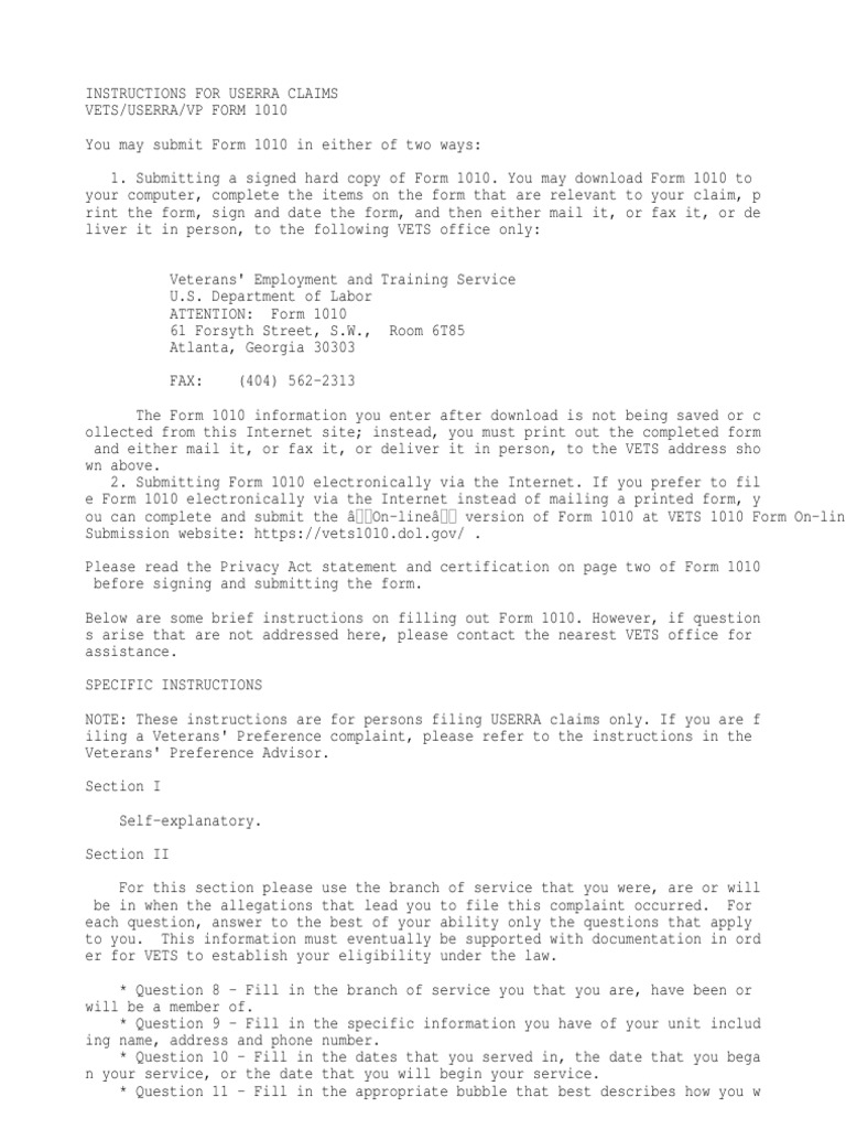 INSTRUCTIONS FOR USERRA CLAIMS VETS/USERRA/VP FORM 1010 | Employment ...
