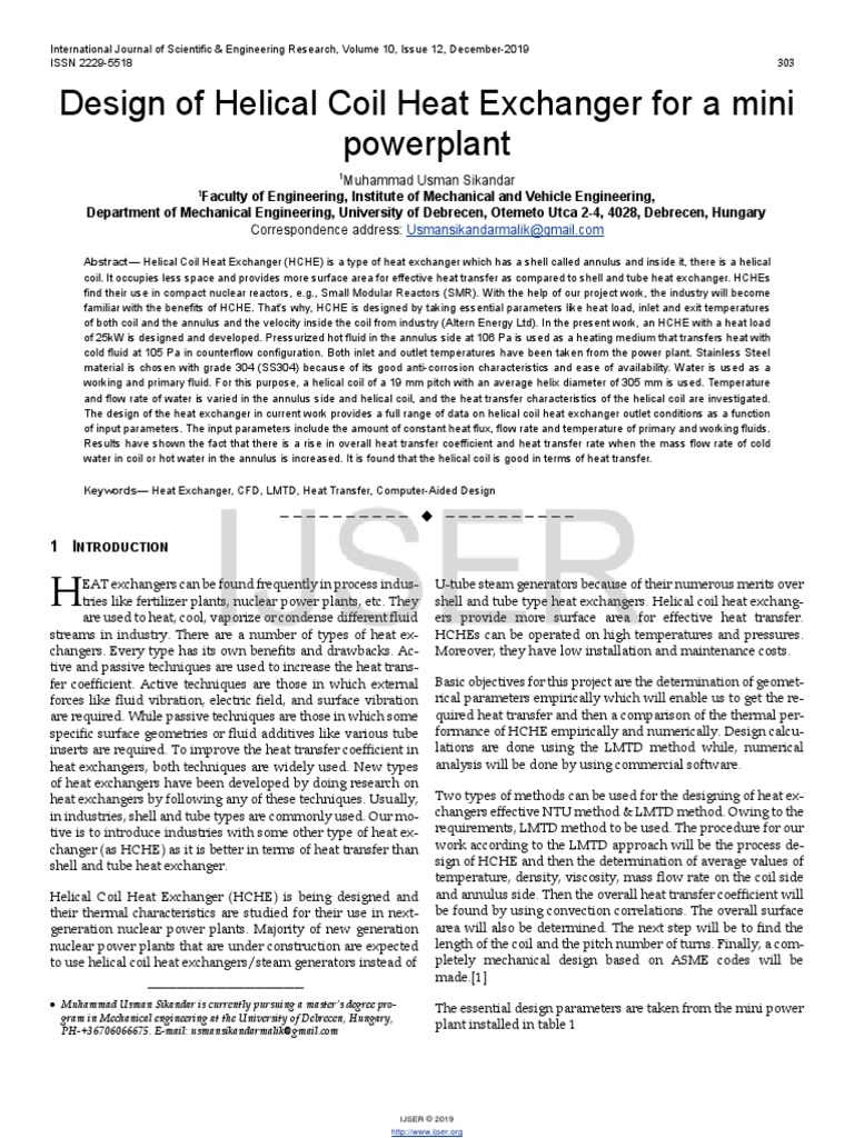 2019-Design of Helical Coil Heat Exchanger For A Mini Power Plant PDF ...