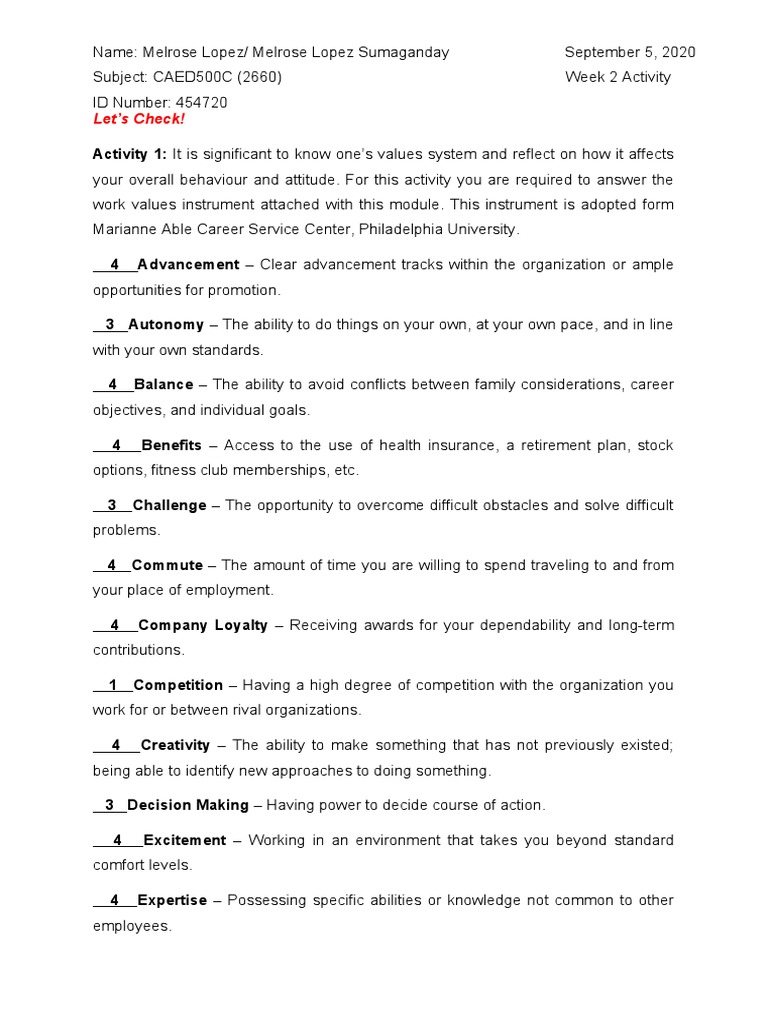 Core Work Values Reflection | PDF | Goal | Value (Ethics)