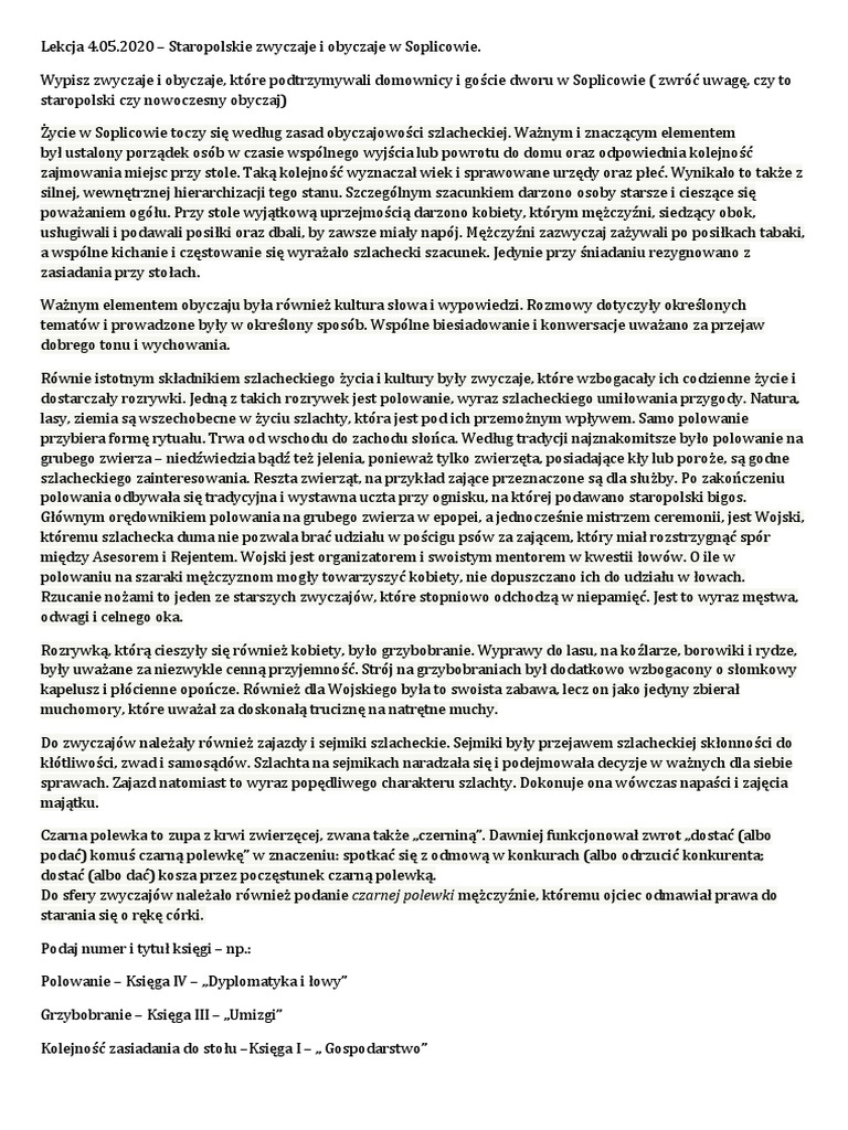 Obyczaje W Panu Tadeuszu Księga 1