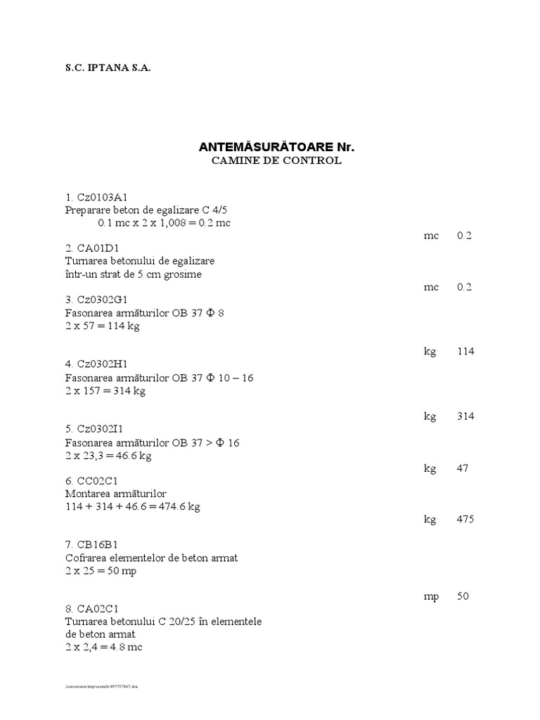 Antemasuratori Camine Beton | PDF