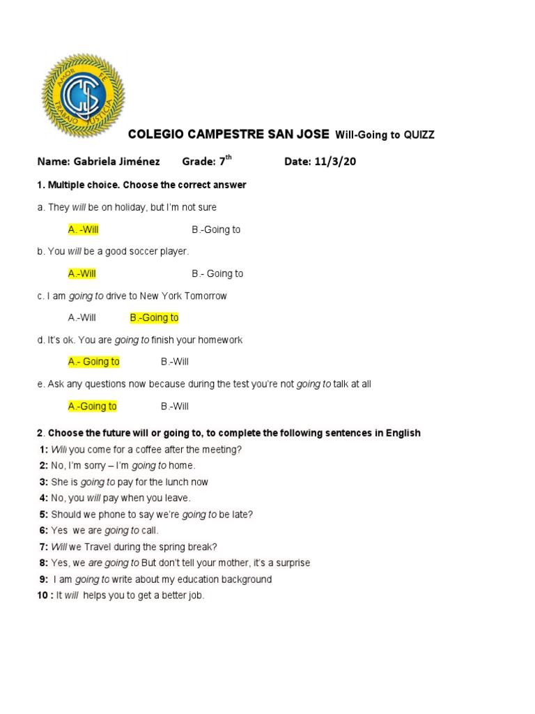 Quiz Will And Going To Pdf