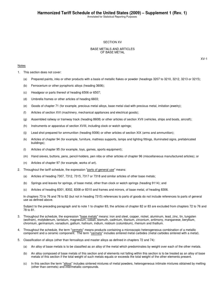 Harmonized Tariff Schedule of The United States (2009) Supplement 1