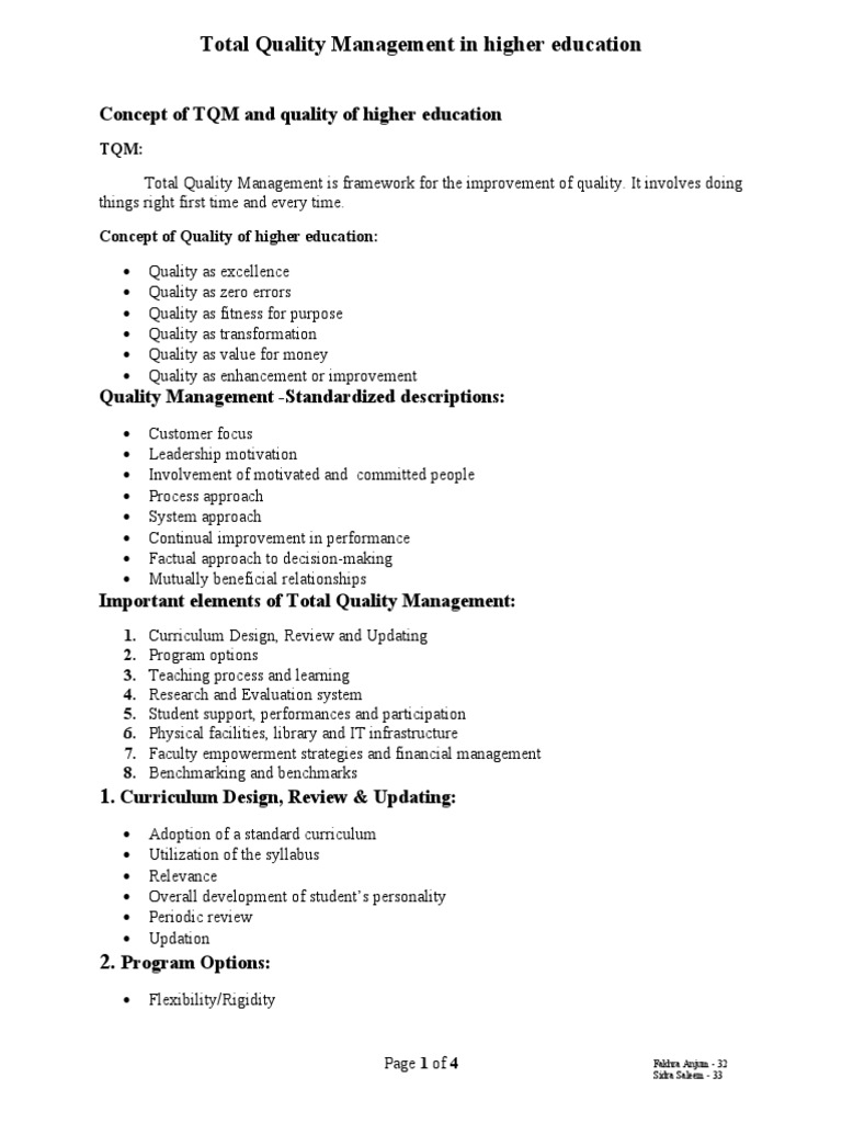 Total Quality Management in Higher Education Assignment | PDF | Quality ...