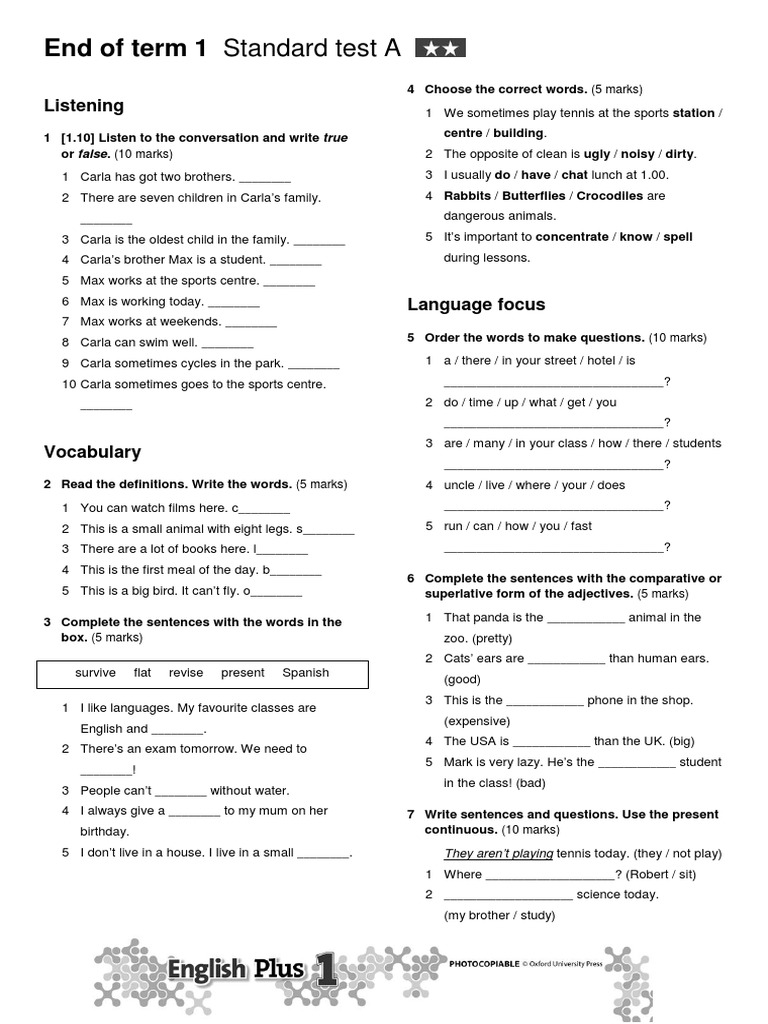 Grade 1 English Term 1 Test | PDF | Vocabulary | English Language