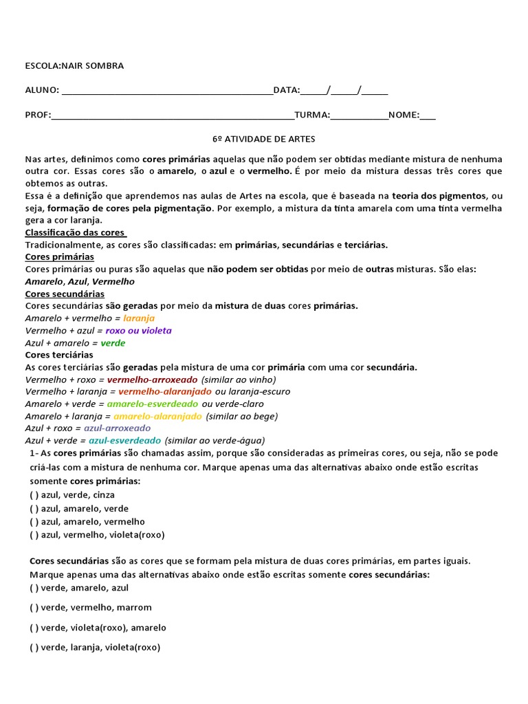 6º ATIVIDADE DE ARTES 5º ANO - FRED e CLENILSON | PDF | Cor | Vermelho