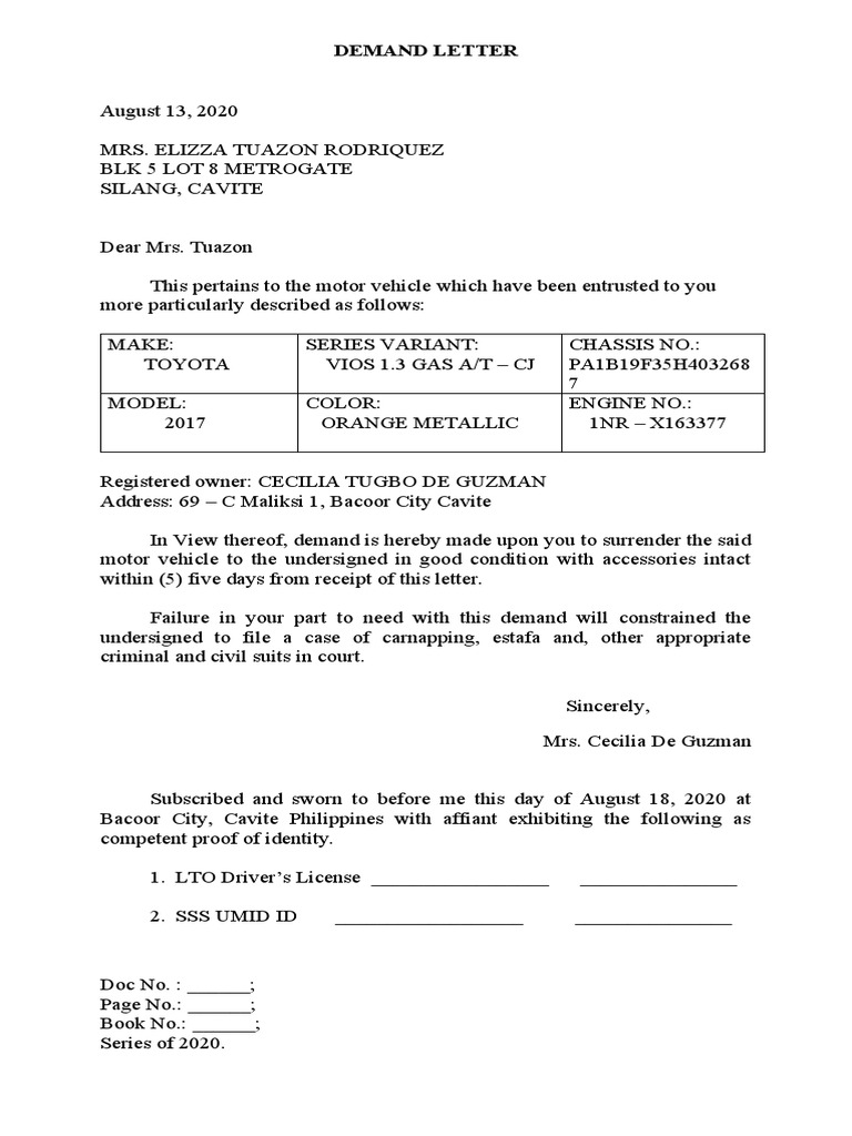 Vehicle Surrender Demand Letter | PDF | Law