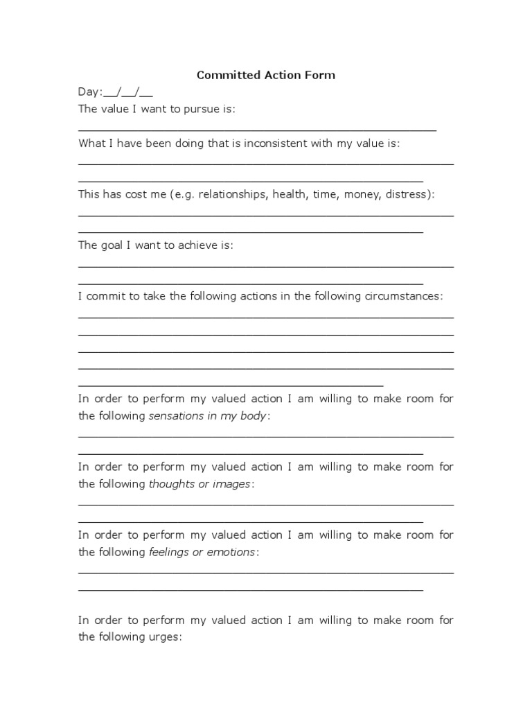 Committed Action Worksheet PDF Feeling Thought