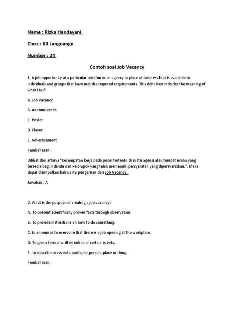 Contoh Soal Job Vacancy Rizka H 24 Communication Cognition