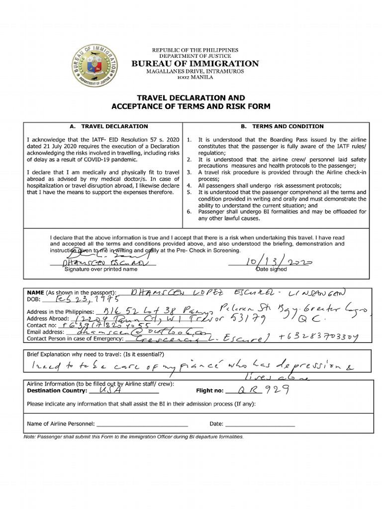 bid travel declaration form