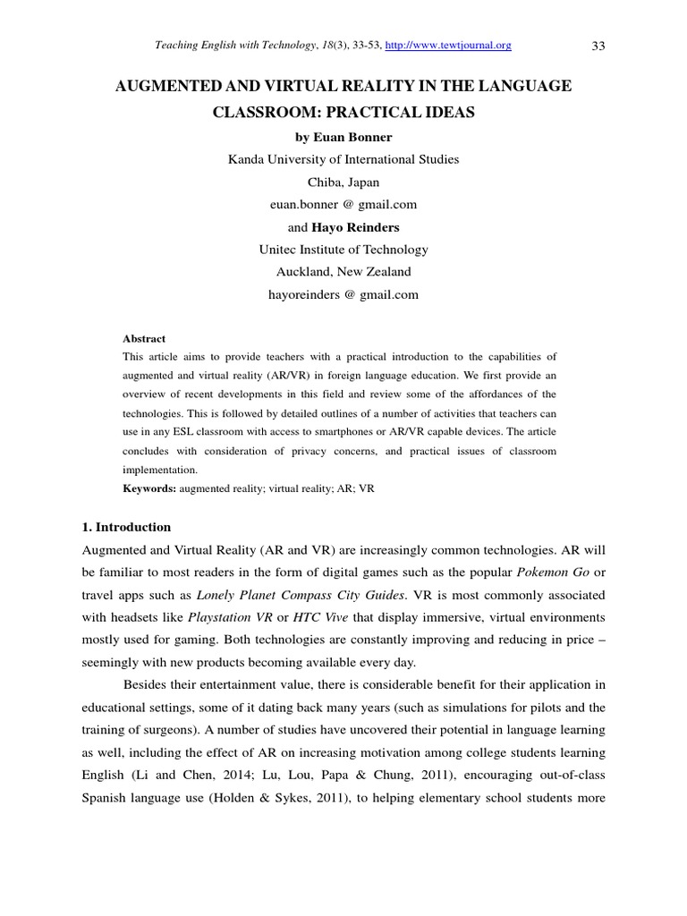 Augmented and Virtual Reality in The Language Classroom: Practical ...