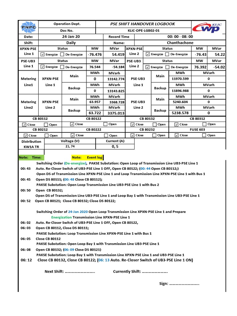 2020124OPEOperator Logbook v01 PDF Electrical Substation Power