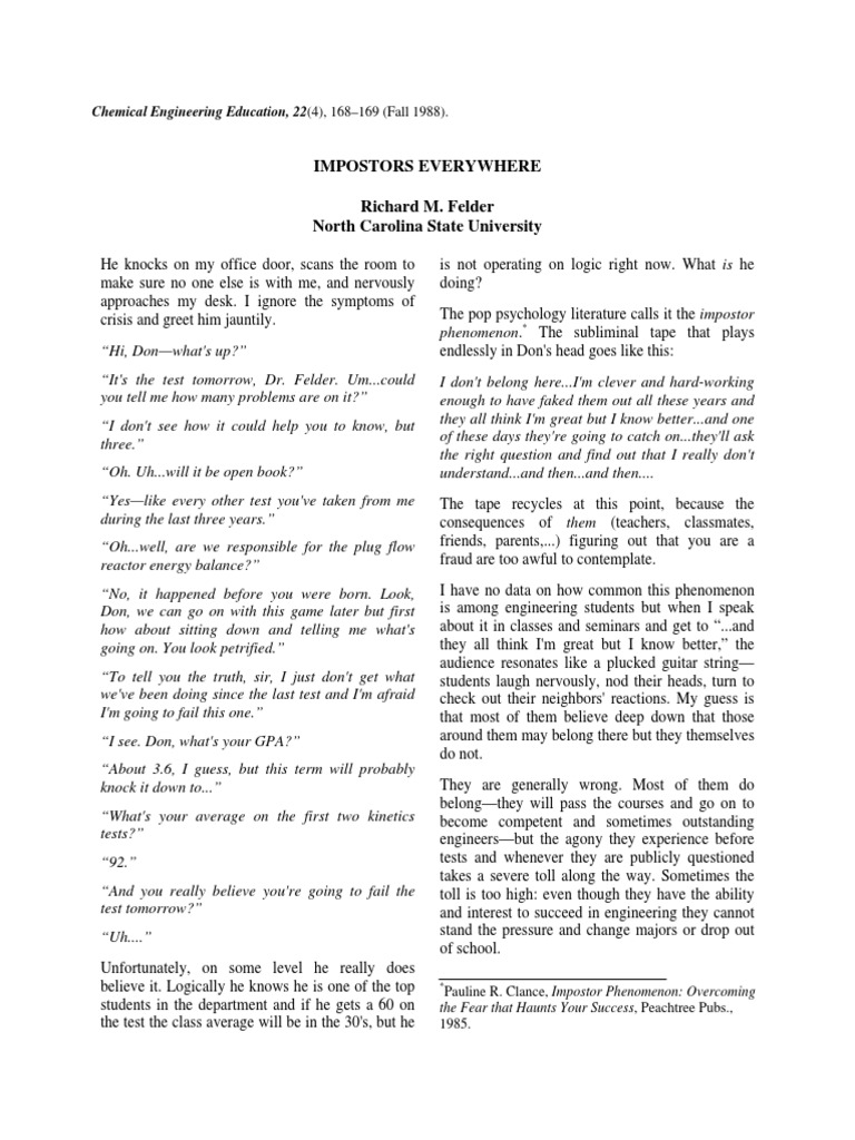 Impostors Everywhere Richard M Felder North Carolina State University