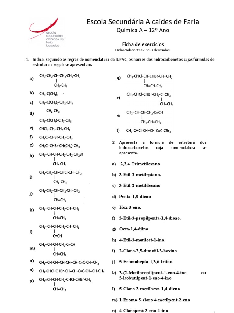 Exercícios de Nomenclatura de Hidrocarbonetos | PDF | Ciências Físicas ...